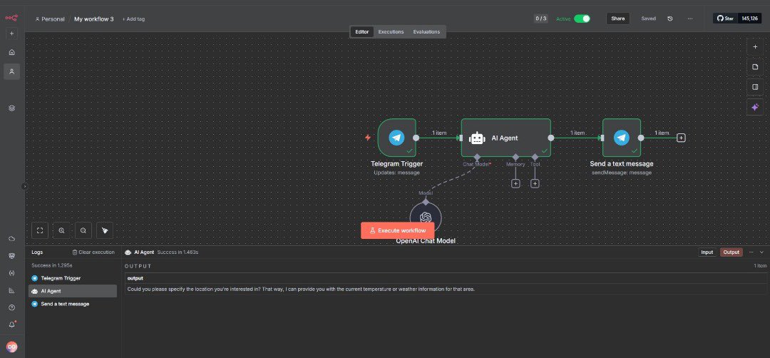 onekiddoblisss's tweet image. Day 02 of self learning AI and Automation using N8N 

Built a Telegram bot, Triggered by incoming messages, it chats with GPT using an AI agent node. The bot then sends smart replies back to the user via Telegram. 

#automation #AI #TelegramBot #n8n