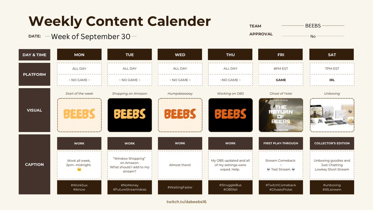 New Schedule! (realized that Sunday is not on here.. so tba, might just do some Live OBS tinkering)