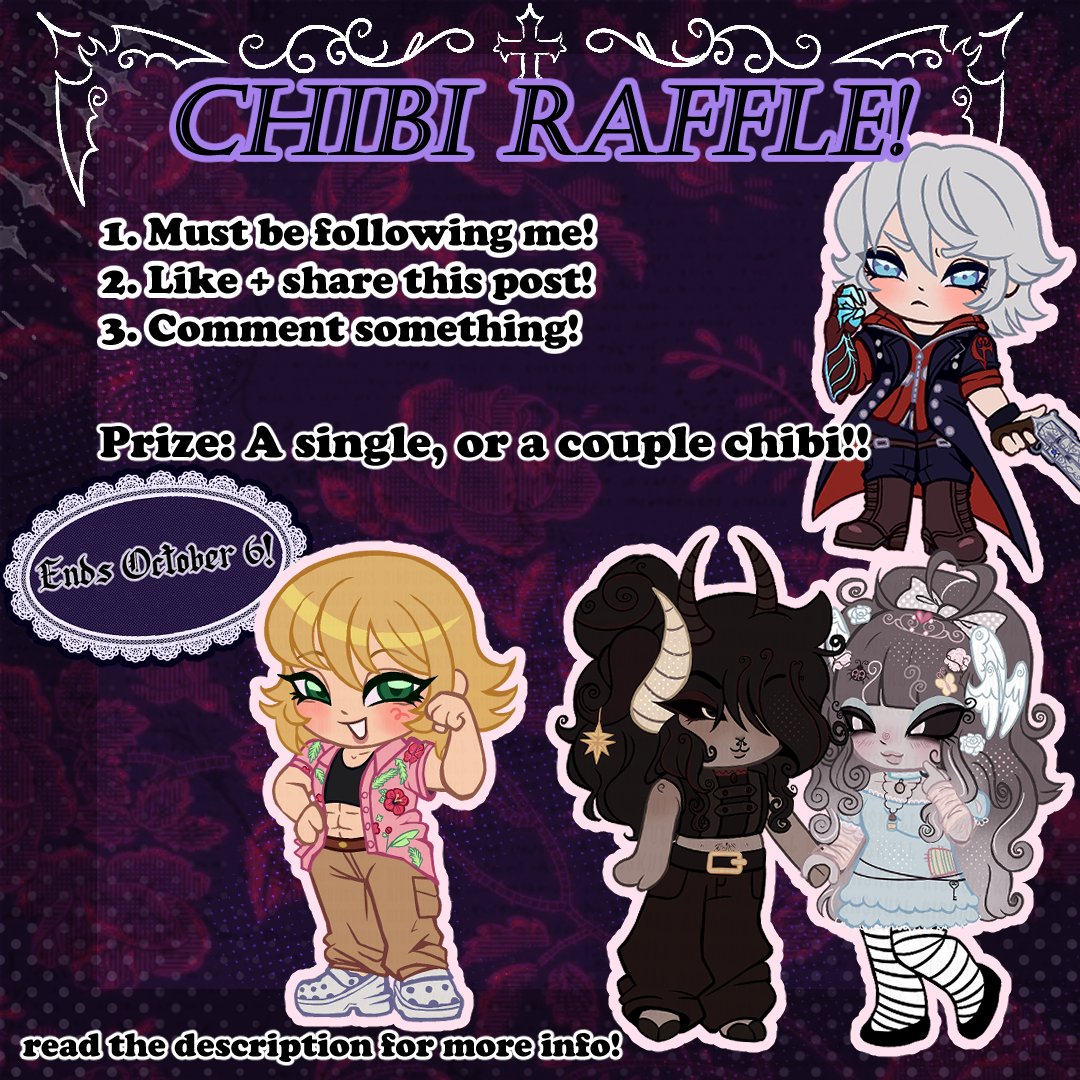 ribbunskull's tweet photo. CHIBI RAFFLE YAAAAY tysm for almost 140 followers!! ;__; 💜💜💜
the winner gets to choose between a single chibi or a chibi couple of characters of your choice! i can draw ocs, selfship, ocxcanon, etc!

this ends on october 6! https://t.co/PWtvfXJW3E