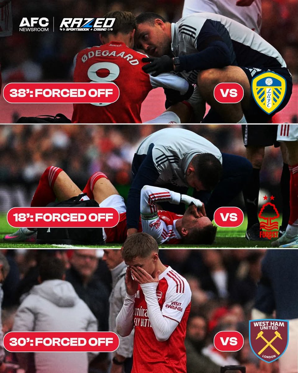 biltmediagraph1's tweet photo. Martin Ødegaard becomes the first player in Premier League history to be subbed off before half-time in three consecutive league starts...pure badluck...😰 https://t.co/GMo2P0tk7m