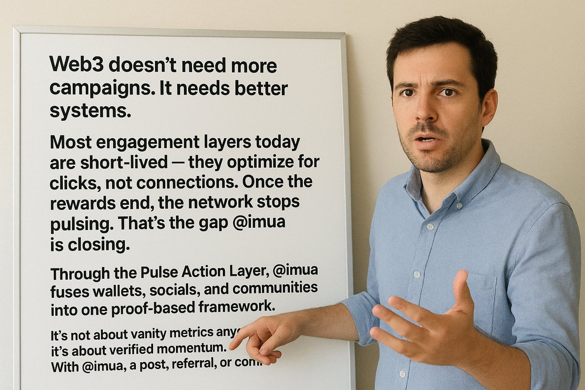 NelsonDavidbit's tweet photo. Web3 doesn’t need more campaigns. It needs better systems.

Most engagement layers today are short-lived they optimize for clicks, not connections. Once the rewards end, the network stops pulsing. That’s the gap @imua is closing.

Through the Pulse Action Layer, @imua fuses wallets, socials, and communities into one proof-based framework. Every action becomes measurable, every signal compounds, and every user contributes to a network that gets stronger with use.

It’s not about vanity metrics anymore it’s about verified momentum. With @imua, a post, referral, or community action isn’t just a moment of engagement. It’s data that fuels an evolving, self-sustaining growth engine.

Web3’s next era won’t be driven by hype. It’ll be built by systems that turn participation into proof and @imua is showing how that future takes shape.
@imua