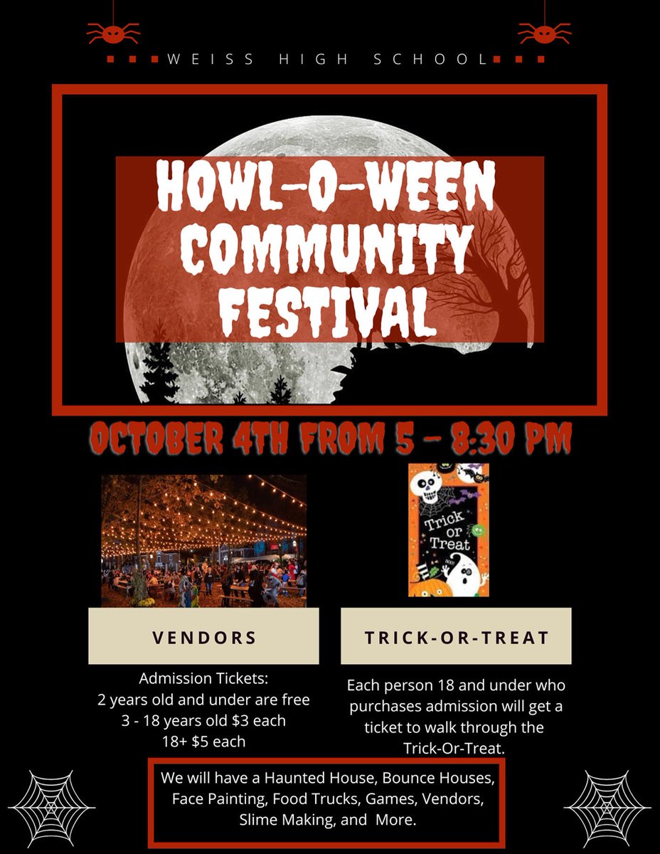 WeissFootball's tweet image. 💀      
|{I}\_🎃
I/ \ 
/_  \_

🎃👻 Join us for the Howl-O-Ween Community Festival at Weiss High School today from 5–8:30 PM! 🕸️ Haunted House, Trick-or-Treat, Food Trucks, Games, Vendors &amp;amp; more! 🦇 Fun for the whole family—don’t miss it! #WeissWolves #Howloween