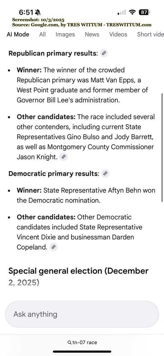 Tennessee_TRES's tweet photo. They don't want Tennessee 7th to know my name. But @GoogleAI calling the race early? That's a rigged system.
 I'm the one candidate they can't buy. 
Your vote October 7 is the only poll that matters.

https://t.co/EfzA71AMUU 🇺🇸
 #TN07 #Tennessee7th #ElectionIntegrity  #TN7 https://t.co/4O9OiTw6Vt