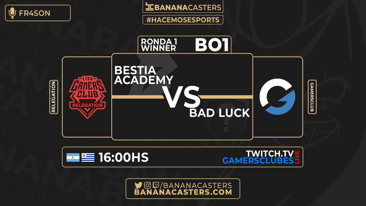 BananaCasters's tweet image. #Relegation 🔺 | @GamersClubCSes 
🇦🇷🇧🇷 @bestia_corp Academy emprende su camino para mantener la categoría frente #BadLuck 🇧🇷
⏰ 16:00HS
📺 twitch.tv/gamersclubes
🎙️ @Fr4son 
🖥️ @ElDoctorMuller 
🎥 @magoscuro912 
#Hacemosesports