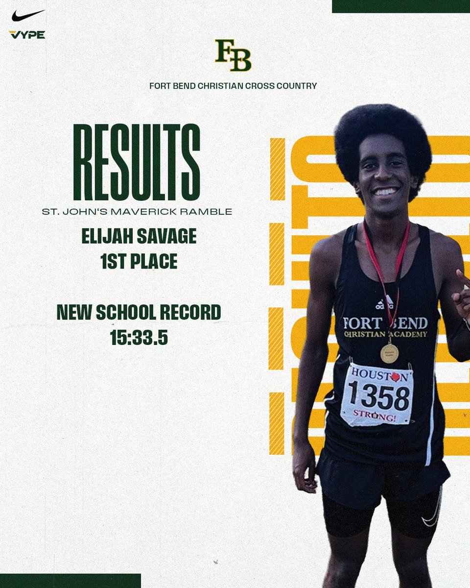 Congratulations <a href="/ElijahSavage26/">Elijah Savage</a> 
1st place 🥇 
NEW SCHOOL RECORD 
15:33.5
St. Johns Maverick Ramble XC Meet.
#FORHISGLORY
<a href="/TXMileSplit/">Texas MileSplit</a> <a href="/vypehouston/">VYPE Houston</a> <a href="/FBEagles/">Fort Bend Christian Academy</a> <a href="/FBCAathletics/">Fort Bend Christian Academy Athletics</a>