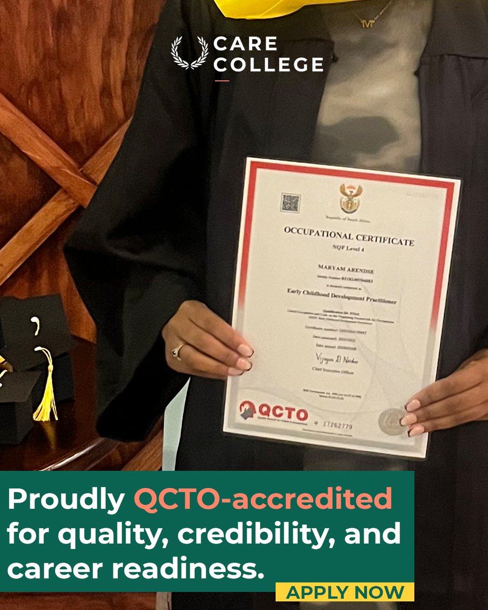 care_champ's tweet photo. When it comes to your future, credibility matters. That’s why every Care College program is fully QCTO-accredited — nationally recognised &amp; trusted across SA. 💫 Learn like a Champ. Care like a Pro. 💫 Apply 👉 https://t.co/4R07qlrU5q

#CareCollege #CareChamp= https://t.co/hUg1JCr3yZ