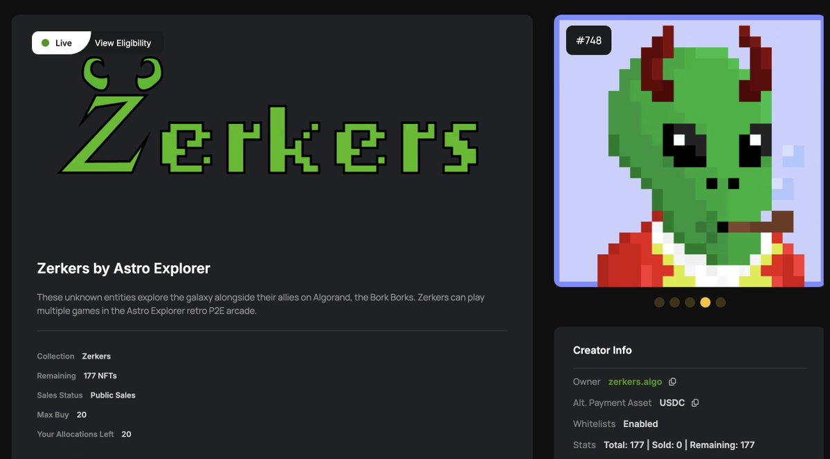 Astro Explorer | Bork Borks & Zerkers (@astro_explorer_) on Twitter photo The shuffle is live for the final 177 Zerkers! Shuffle with $ALGO and/or $USDC via <a href="/Ghettopigeons/">GhettoPigeons.Algo</a> new shuffle system. Proceeds to further Astro Explorer arcade enhancements and games. 🎮
👾 market.ghettopigeon.com/shuffles/68e14… The shuffle is live for the final 177 Zerkers! Shuffle with $ALGO and/or $USDC via <a href="/Ghettopigeons/">GhettoPigeons.Algo</a> new shuffle system. Proceeds to further Astro Explorer arcade enhancements and games. 🎮
👾 market.ghettopigeon.com/shuffles/68e14…