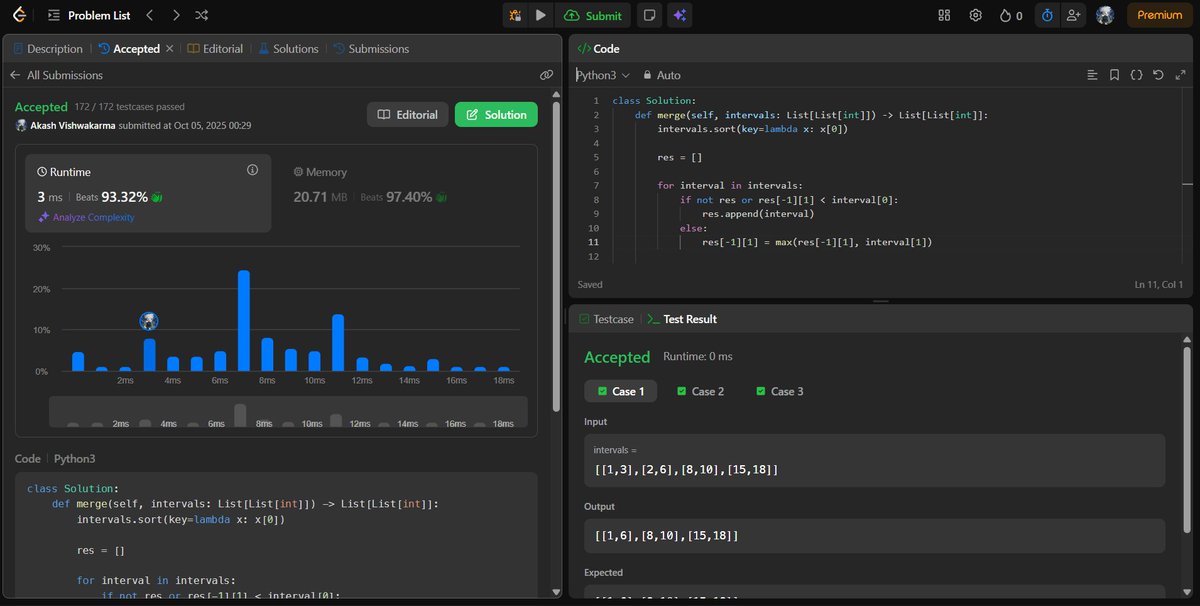 AKASHVISHW64779's tweet image. Day 85 of #90DaysOfCode 

Today I tackled two classic interval challenges:
🔹 Merge Intervals
🔹 Insert Interval
It’s all about sorting + merging overlapping ranges — simple in words, tricky in practice!
Feels great to see clean logic come together.
#LeetCode #DSA #Python
