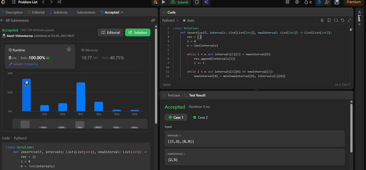 AKASHVISHW64779's tweet image. Day 85 of #90DaysOfCode 

Today I tackled two classic interval challenges:
🔹 Merge Intervals
🔹 Insert Interval
It’s all about sorting + merging overlapping ranges — simple in words, tricky in practice!
Feels great to see clean logic come together.
#LeetCode #DSA #Python