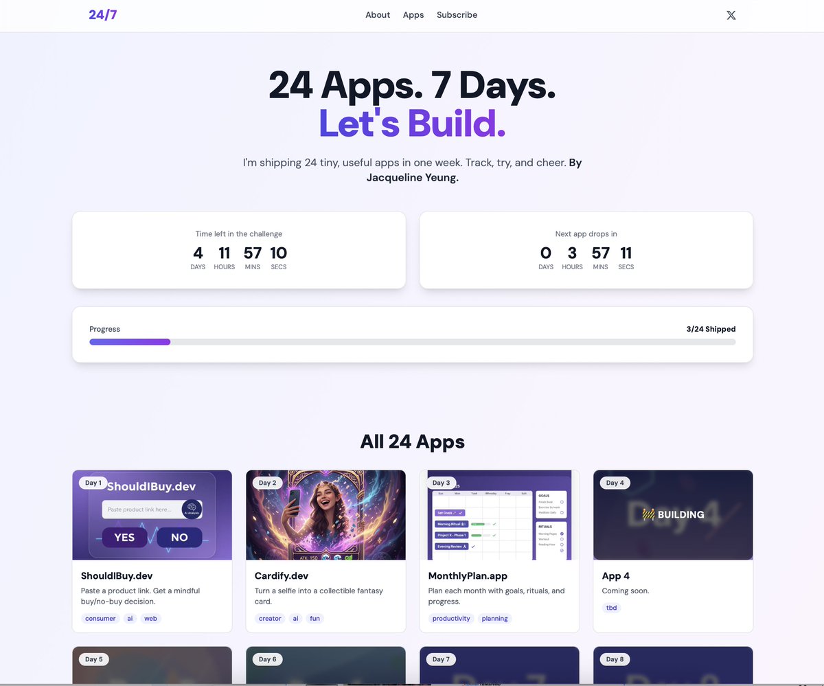 I’m building 24 apps in 7 days.
Not for perfection. For momentum.
Day 1: ✅ shouldibuy.dev
Day 2: ✅ cardify.dev
Day 3: ✅ monthlyplan.app
Follow the chaos → join247.xyz #24AppsInAWeek #buildinpublic