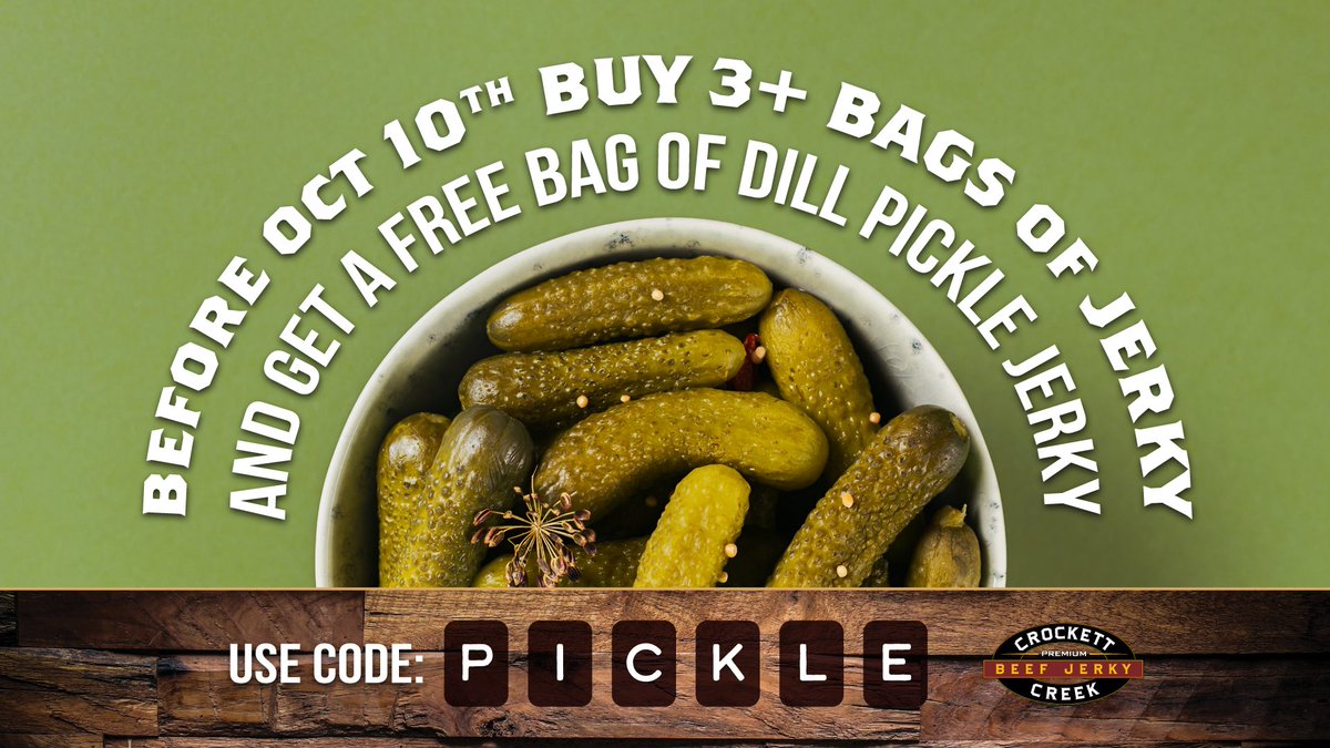 PICKLES, PICKLE potato chips, PICKLE back shots, PICKLE popsicles…how about dill pickle jerky?

Try our NEW Dill Pickle Jerky for FREE➡️Add any 3+ bags of jerky to your cart and use DISCOUNT CODE: "PICKLE" at checkout.
Shop👉 crockettcreek.com/shop-jerky/

Promo ends 10/10/25.