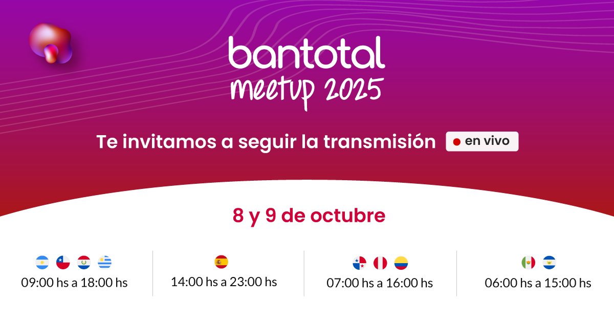 🎥Este 8 y 9 de octubre seguí la transmisión en vivo del #BantotalMeetup2025

Inscripción: bit.ly/Inscripciones_…
Agenda: bit.ly/Agenda_Meetup