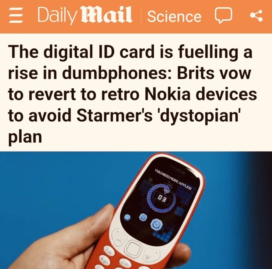 SouveraineTech's tweet image. En Angleterre, le déploiement à venir de l&apos;identité numérique favorise le regain de popularité des téléphones basiques : les Britanniques promettent de revenir aux anciens appareils Nokia pour échapper au projet « dystopique » de Starmer.

dailymail.co.uk/sciencetech/ar…