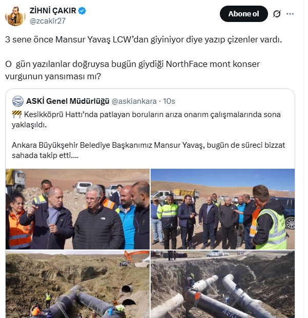 Boru patlağını tamir ederken montun markasına değil, hizmetin kalitesine bakılır.. işiniz gücünüz magazin!  halkın içinde,  Ankara’nın derdine koşuyor. Reklam değil, icraat konuşuyor.  <a href="/mansuryavas06/">Mansur Yavaş</a>