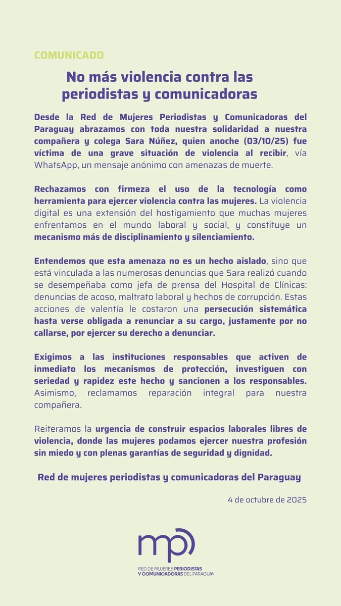 RMPCpy's tweet image. 🫂 Abrazamos con toda nuestra solidaridad a nuestra compañera Sara Núñez, amenazada de muerte por WhatsApp.
La violencia también es digital y busca lo mismo: callarnos y disciplinarnos. No lo vamos a permitir.
Exigimos protección, investigación y sanción.