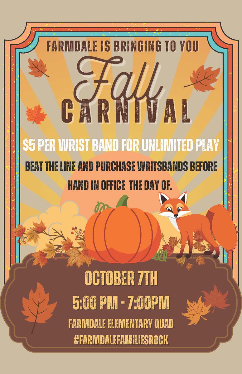 You don't want to miss the Farmdale Fall Carnival! It's this Tuesday the 7th. Meet us at the Farmdale Elementary Quad for games and much more.