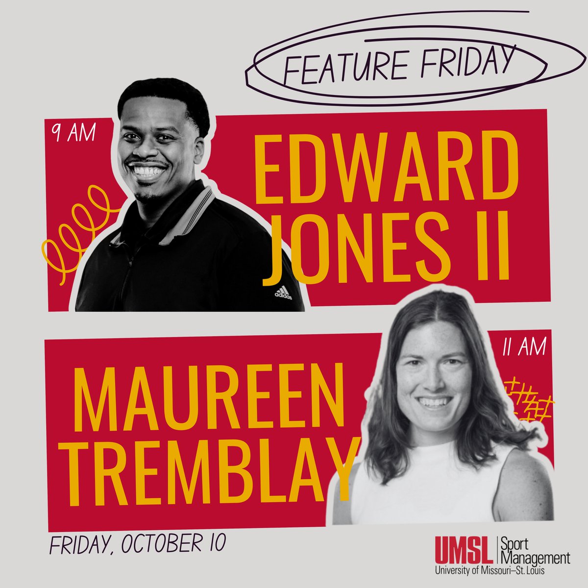 tayonion's tweet photo. Feature Friday for October 10 has some strong #SADev roots 😊
9:00 am: @Ed_Jones2, CEO/Founder of @BTF_Program
11:00 am: @maureentremblay, Senior Customer Education Manager at @Teamworks
#UMSLSportManagement https://t.co/TYmoffeKAL