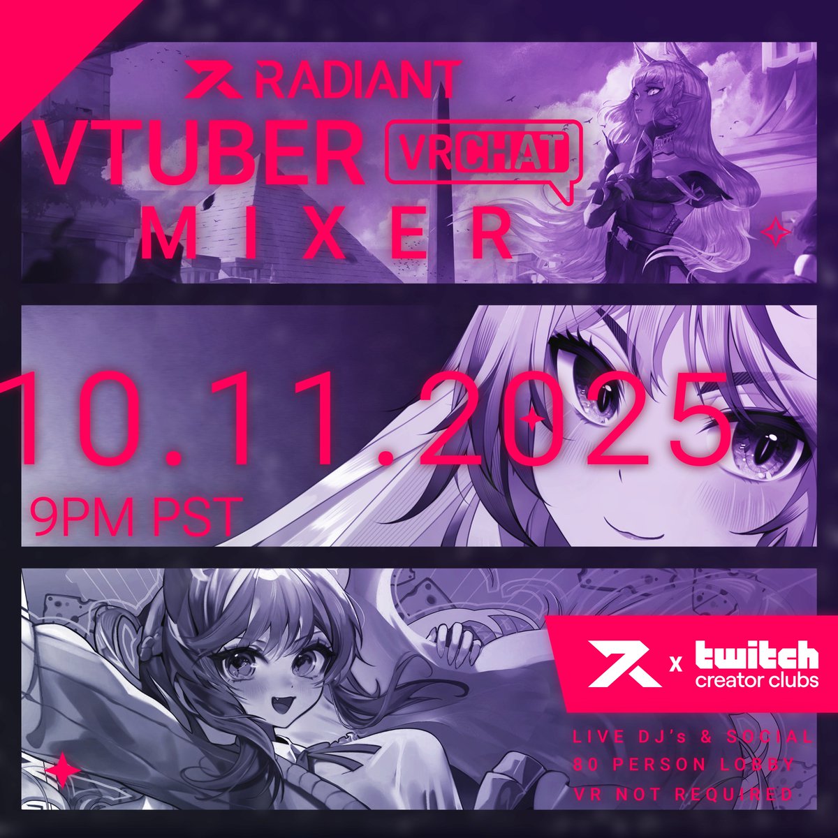 RADIANT is officially teaming up with the Twitch Creator Club! 💜  

This VRChat mixer is the perfect chance to meet new friends, connect with fellow VTubers, and celebrate the community before TwitchCon. 🎉

Even if you can’t make it to TwitchCon, you can still join the fun,