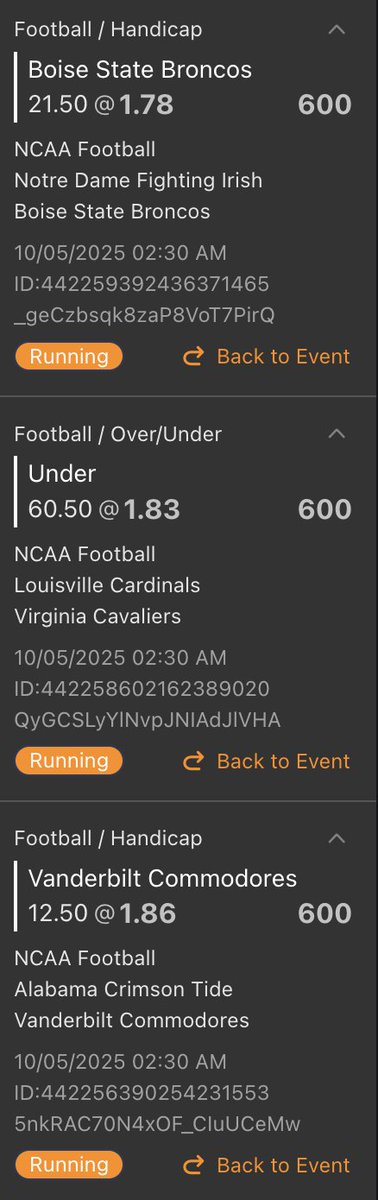 luckyren8's tweet photo. NCAAF Picks

6U Boise State u21.5 @ 1.78
6U Louisville  u60.5 @ 1.83
6U Vanderbilt +12.5 @ 1.86 https://t.co/scXgJVeoTF