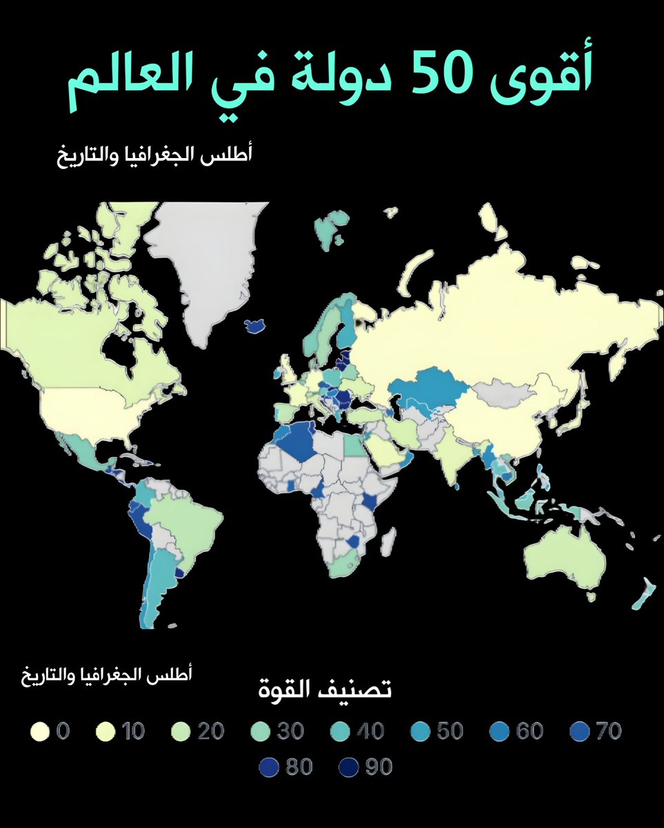 أقوى 50 دولة في العالم لعام 2025

ــ 1. 🇺🇸 الولايات المتحدة الأمريكية
ــ 2. 🇨🇳 الصين
ــ 3. 🇷🇺 روسيا
ــ 4. 🇬🇧 المملكة المتحدة
ــ 5. 🇩🇪 ألمانيا
ــ 6. 🇰🇷 كوريا الجنوبية
ــ 7. 🇫🇷 فرنسا
ــ 8. 🇯🇵 اليابان
ــ 9. 🇸🇦 المملكة العربية السعودية
ــ 10. 🇮🇱 إسرائيل يتبع 

#كاريزما65