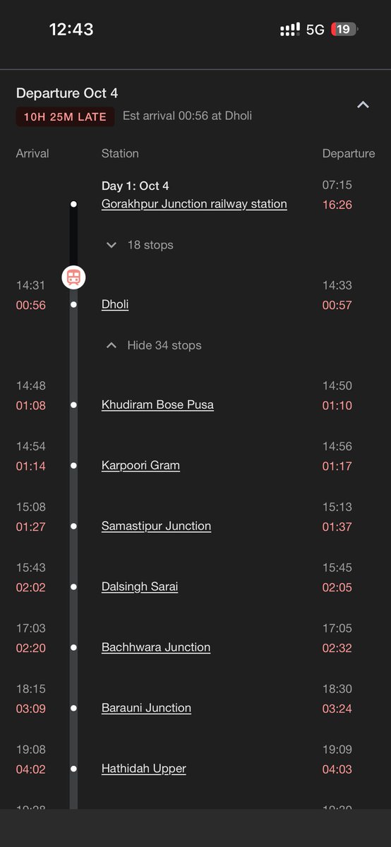 Mr_Agrawall's tweet photo. No value of passenger’s time.. Train atleast 10:25 hours late. A major religious route(Baba Baidyanath Dham Jyotirlinga).Had to book hotel room for an extra day just to make up for this delay. wouldn’t be surprised if it is delayed even further. @RailMinIndia @RailwaySeva (1/2) https://t.co/zlxgLFzYLl