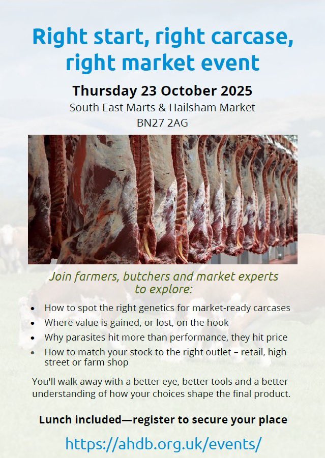 📣 Meeting coming up 📣 
Join <a href="/TheAHDB/">AHDB</a> for an insightful day into breeding and producing the right animal for market. Hailsham Market, on October 23rd. Please register online: ahdb.org.uk/events