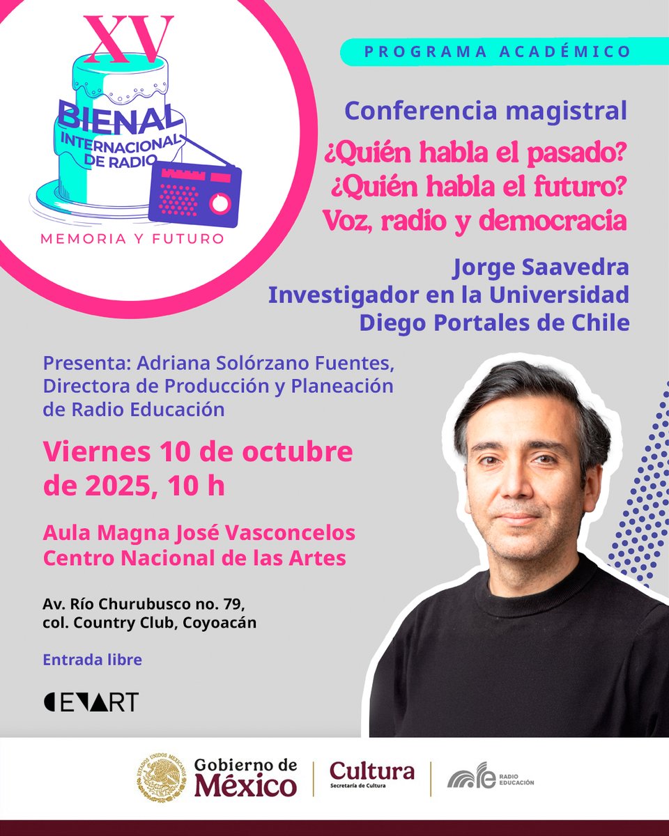 ¿Quién habla el pasado? ¿Quién habla el futuro? 🎙️

En la #XVBienalDeRadio, el investigador de la <a href="/udp_cl/">UDP</a>, <a href="/saavedrautman/">Jorge Saavedra</a>, abre la conversación sobre voz, radio y democracia 🗣️📢 Presenta <a href="/adry_solorzano/">Adriana Solórzano</a> de <a href="/RadioEducacion/">Radio Educación</a> 

📆 Viernes 10 de oct, 10 h
📍 Aula Magna del <a href="/cenartmx/">Centro Nacional de las Artes</a>