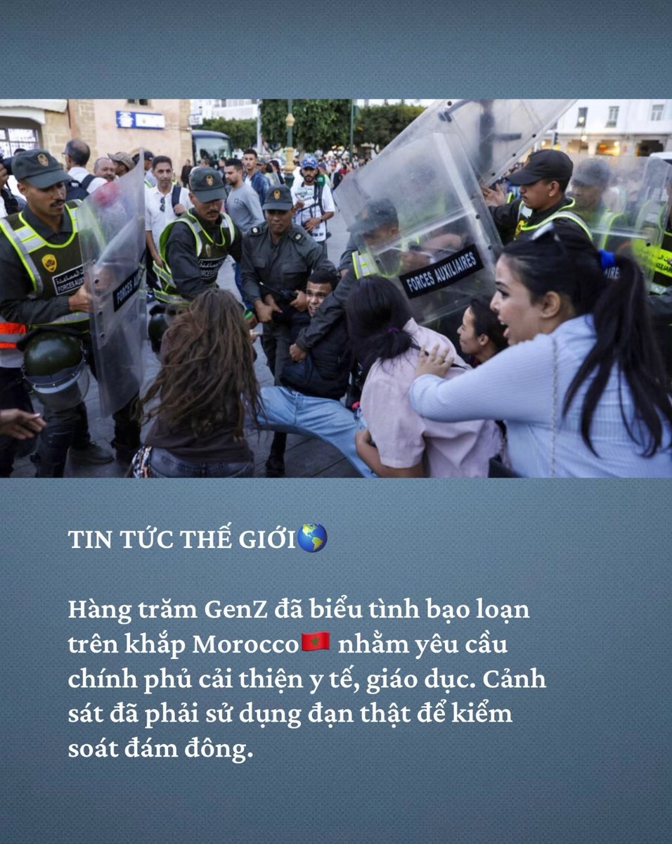 hitclubtintuc's tweet photo. 🌍 TIN THẾ GIỚI 💥
GenZ Morocco 🇲🇦 biểu tình yêu cầu cải thiện y tế, giáo dục – cảnh sát phải dùng đạn thật để trấn áp! 😱
#Morocco #BiểuTình #GenZ

#xuhuong #tinhot #tintuctrongngay #hitclubtinhot #hitclub https://t.co/FGECS1rHpo
