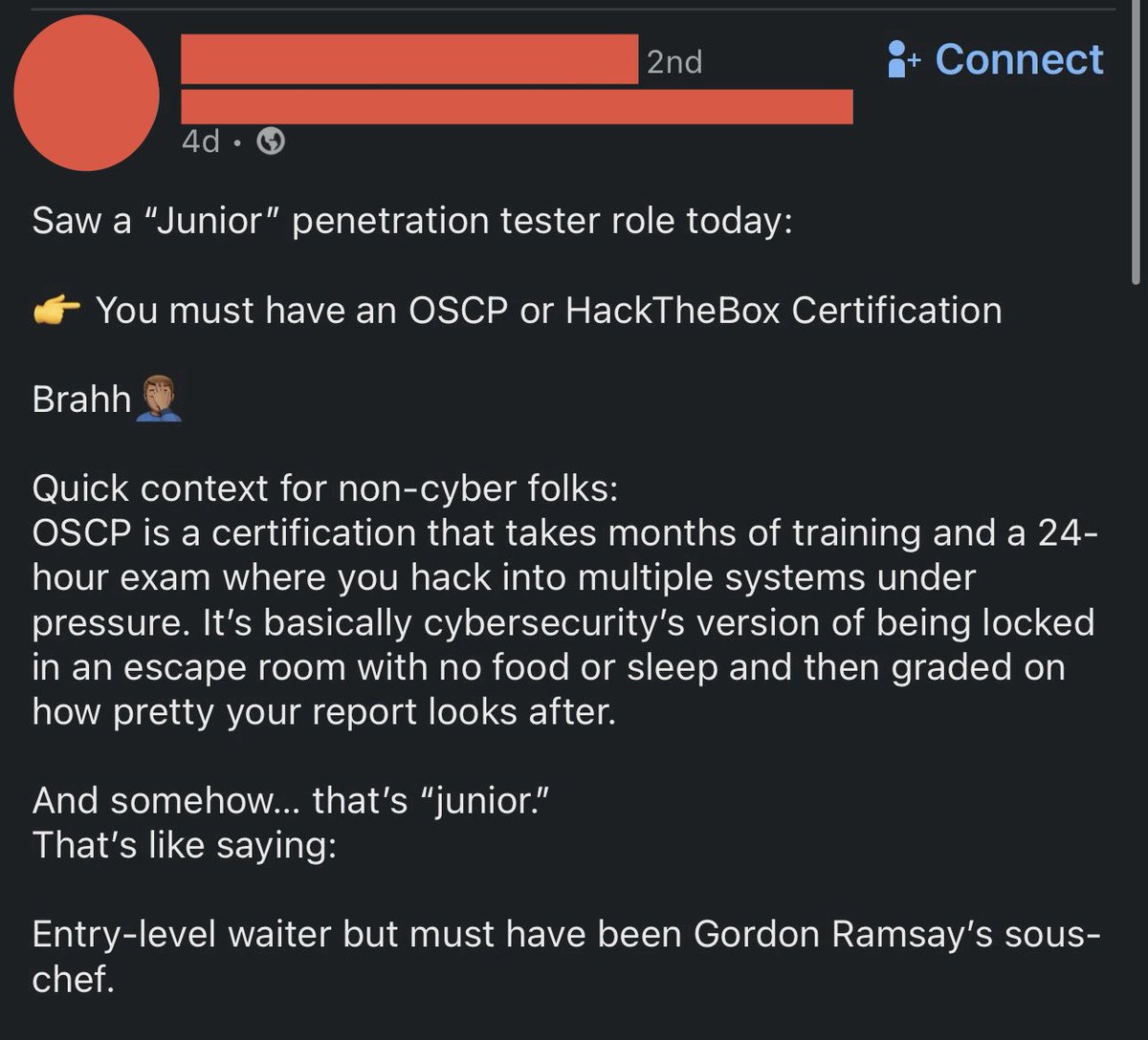 nickvangilder's tweet image. I would argue that the massive flood of new people trying to “break in” as juniors has actually raised the bar for juniors. Every day, hundreds of people wake up and decide they want to become a 5up3r l33t penetration tester or hax0r. And that’s awesome. There’s two problems…