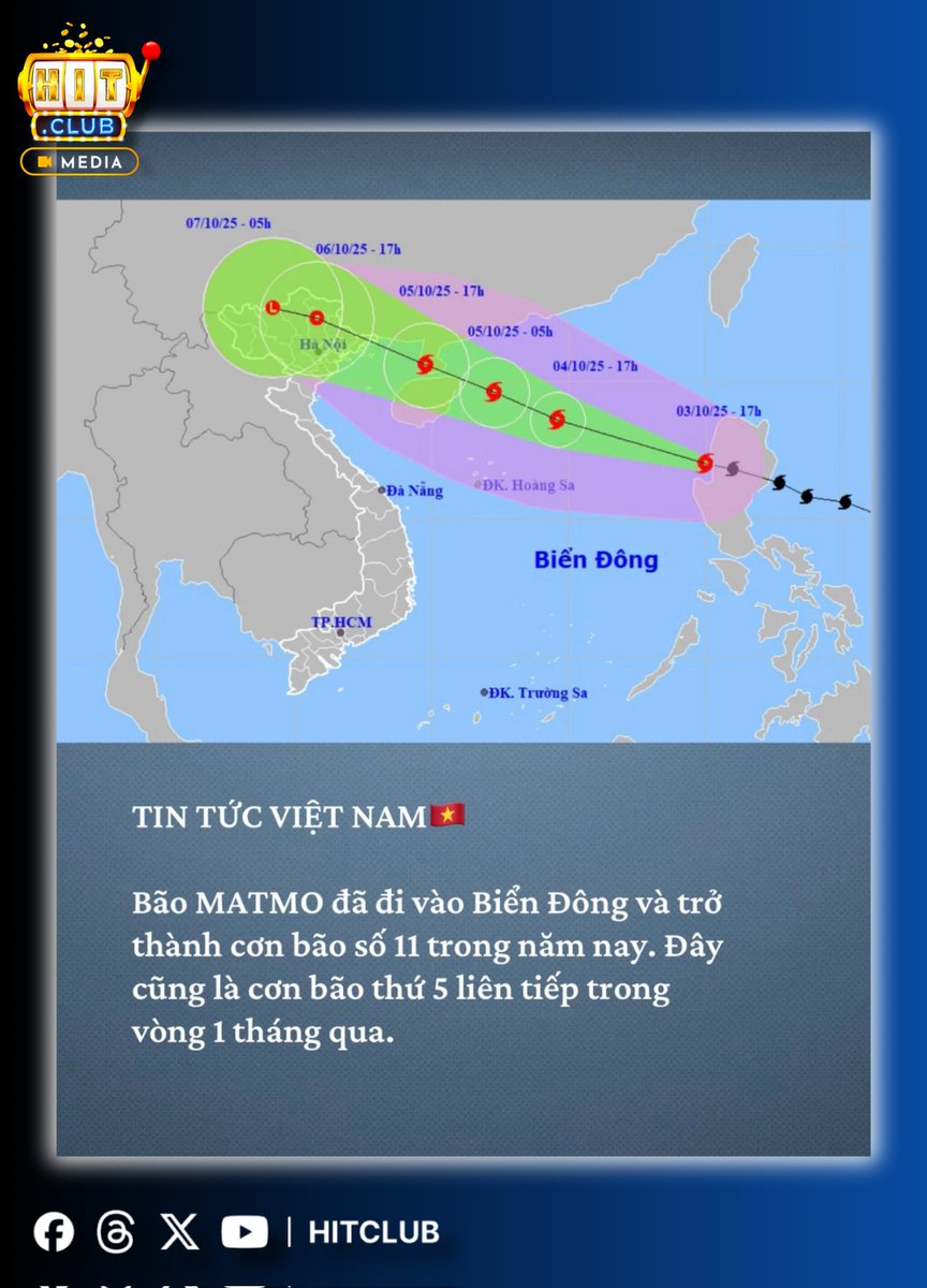 hitclubtintuc's tweet photo. 🌀 TIN NÓNG VIỆT NAM 🇻🇳
Bão Matmo chính thức vào Biển Đông, trở thành bão số 11, và là cơn bão thứ 5 chỉ trong 1 tháng! 🌧️
#BãoSố11 #Matmo #TinBão #BiểnĐông

#xuhuong #tinhot #tintuctrongngay #hitclubtinhot #hitclub https://t.co/vpxudwNYhh