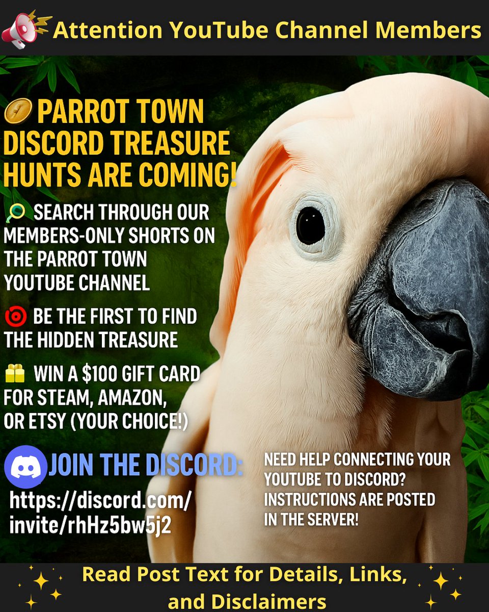 ParrotTown's tweet photo. 🪙 Parrot Town Discord Treasure Hunts begin this November for YouTube Channel Members!
Just a little something fun as a thank-you for supporting what we do 💛
There’s more to share than fits here—please visit our full post for all the details + rules:👉 https://t.co/ZpDiJCFxxN https://t.co/ES9T94MxvT