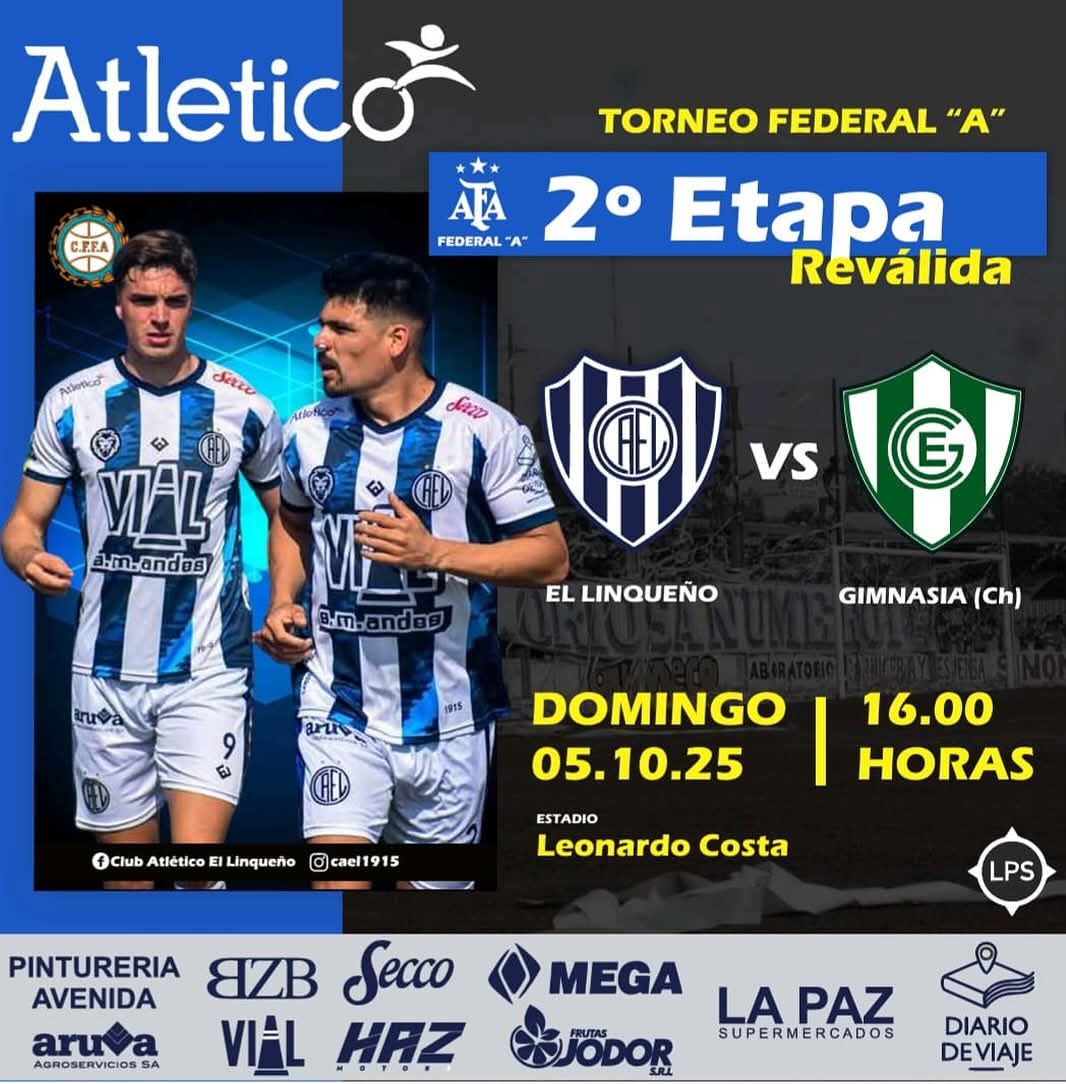 Federal A
El domingo todos al Estadio Leonardo Costa!!!

Por los play off de la etapa reválida recibimos a Gimnasia de Chivilcoy en el partido de ida

Será a partir de las 16hs

#VamosElLinqueño