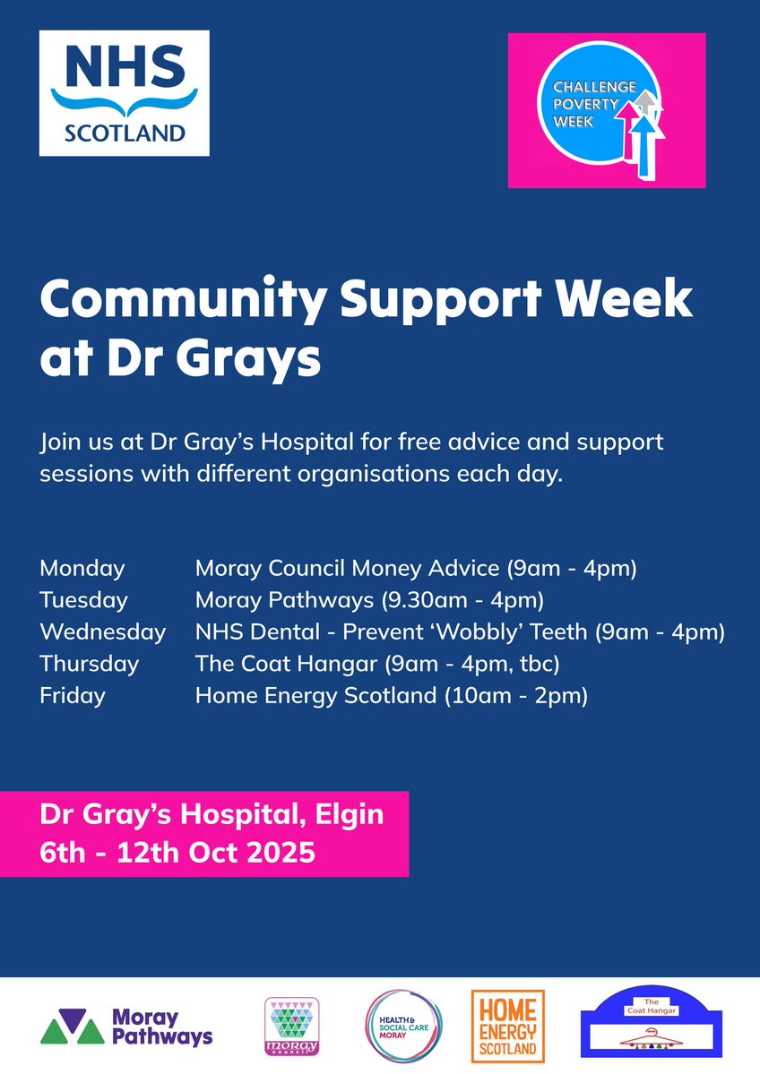 DrGrays_Elgin's tweet image. As part of #ChallengePovertyWeek, Dr Gray’s Hospital is hosting a series of free advice and support sessions. Each day, a different organisation will be available to provide information and guidance.

These sessions are free and open to everyone; no booking required. 

#CPW25