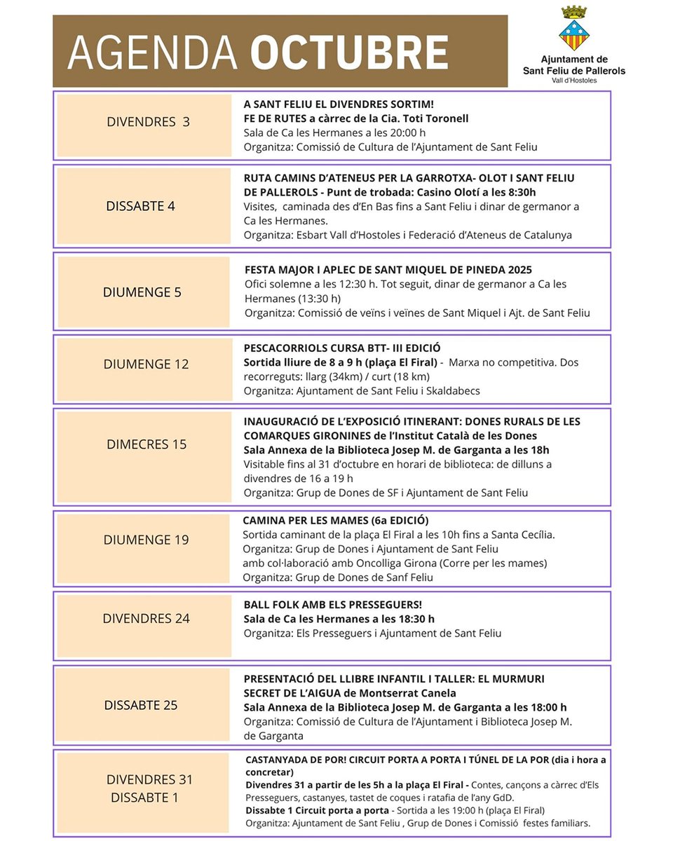📣 Agenda d'activitats del mes d'octubre

#santfeliudepallerols #agendadactivitats #activitatsdelmesdoctubre
