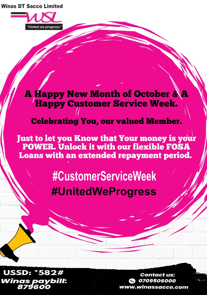 At Winas DT Sacco, every member, every customer lightens up our world pushing us to be better and offer you the best. Every customer service interaction is an opportunity to build trust and loyalty.
Alone we can do so little; together we can do so much.

#unitedweprogress