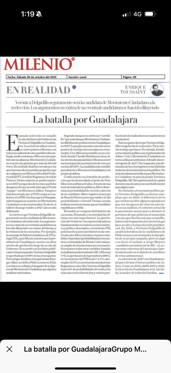 Lean la columna de <a href="/EFToussaint/">Enrique Toussaint 🇺🇦🇵🇸</a> en <a href="/MilenioJalisco/">Milenio Jalisco</a>. Van reflexiones que comparto. En la pasada elección la diferencia de votos entre <a href="/MovCiudadanoJal/">Movimiento Ciudadano Jalisco</a> y <a href="/_MorenaJalisco/">Morena Jalisco</a> fueron alrededor de 100 mil votos (sin alianzas), la distancia en simpatías entre el partido naranja y guinda
