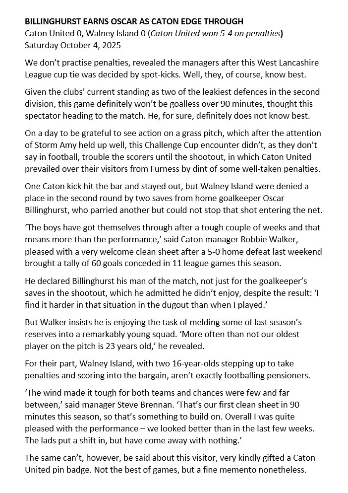 WLancsWanderer's tweet photo. Lancaster side @catonunitedfc (blue) today defied #StormAmy to stage a game on grass - and beat @WalneyIslandFC on penalties.

Report with reaction on a day for winning Oscar⬇️ 

@westlancsleague @NonLeagueHQ1 @NonLeagueMaps @NonLeagueCrowd #grassrootsfootball #Nonleague https://t.co/Y5HR0BJmch