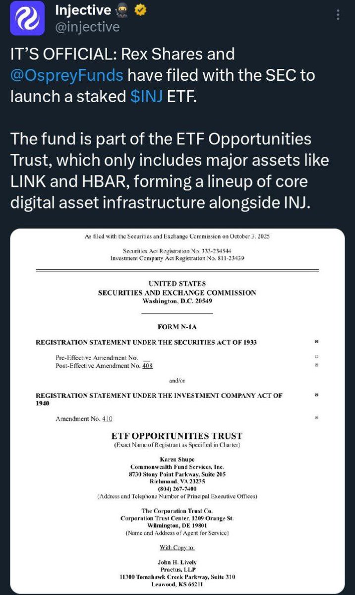 Vuarnet_'s tweet image. #RexShares and #OspreyFunds have filed with the SEC to launch a staked $INJ ETF.