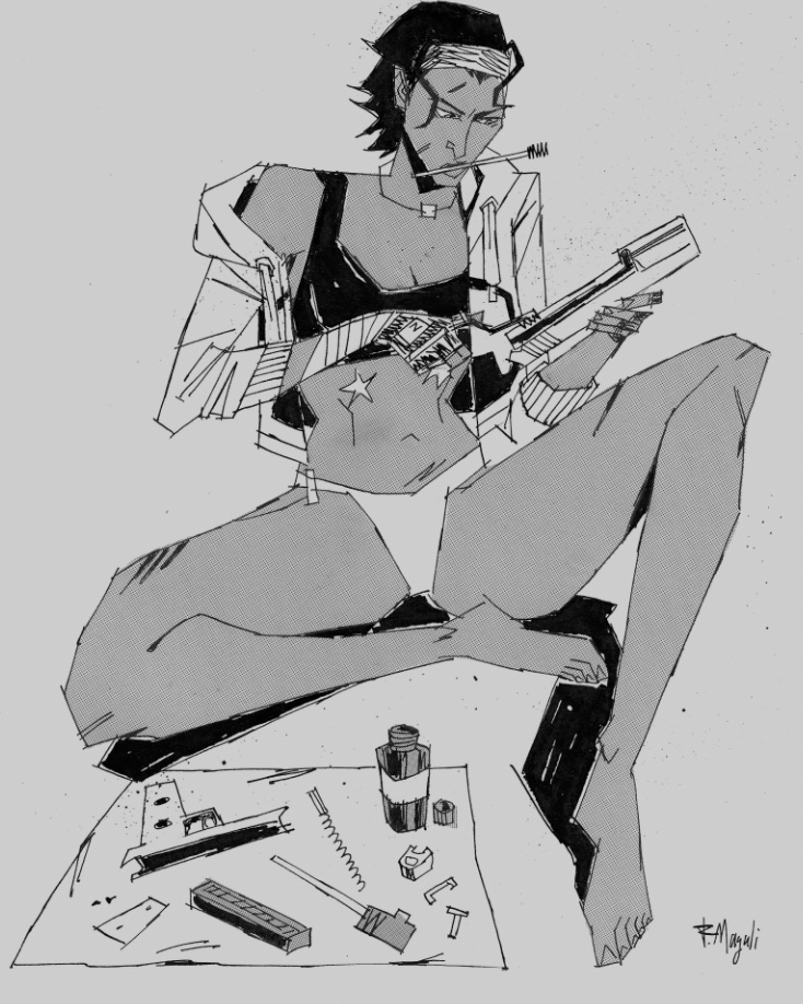 Alyx doing some maintenance on her gun. commission for a patron.