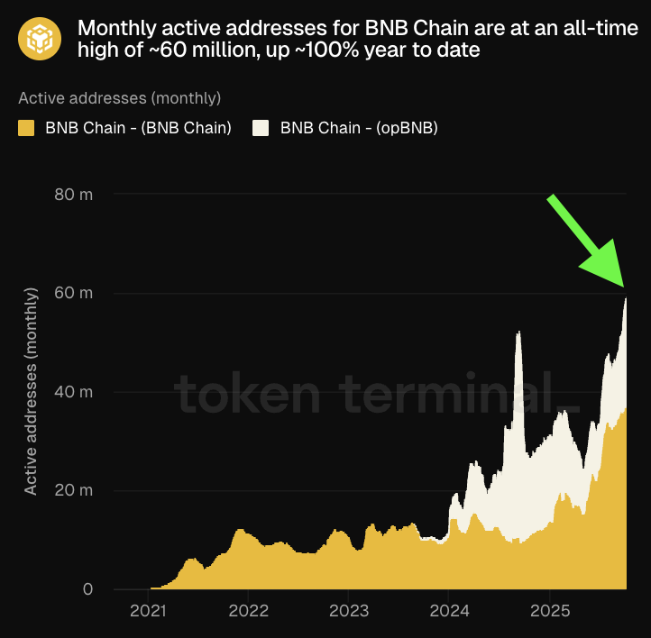 BNB Chain 월간 활성 주소가 사상 최고치에 도달한 것을 보여주는 차트