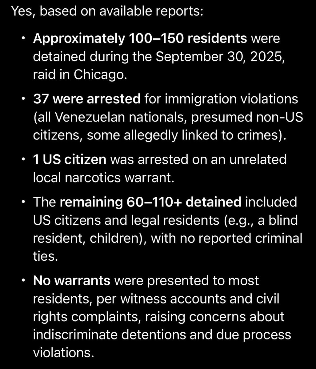 ONLYGOTDOPE's tweet image. Out of the (about) 150 residents all of them were detained and only 37 were not US citizens.
That means the other (roughly) 113 people who were detained were done so under a civil rights violation as none of them were presented with warrants nor were they criminals actively…