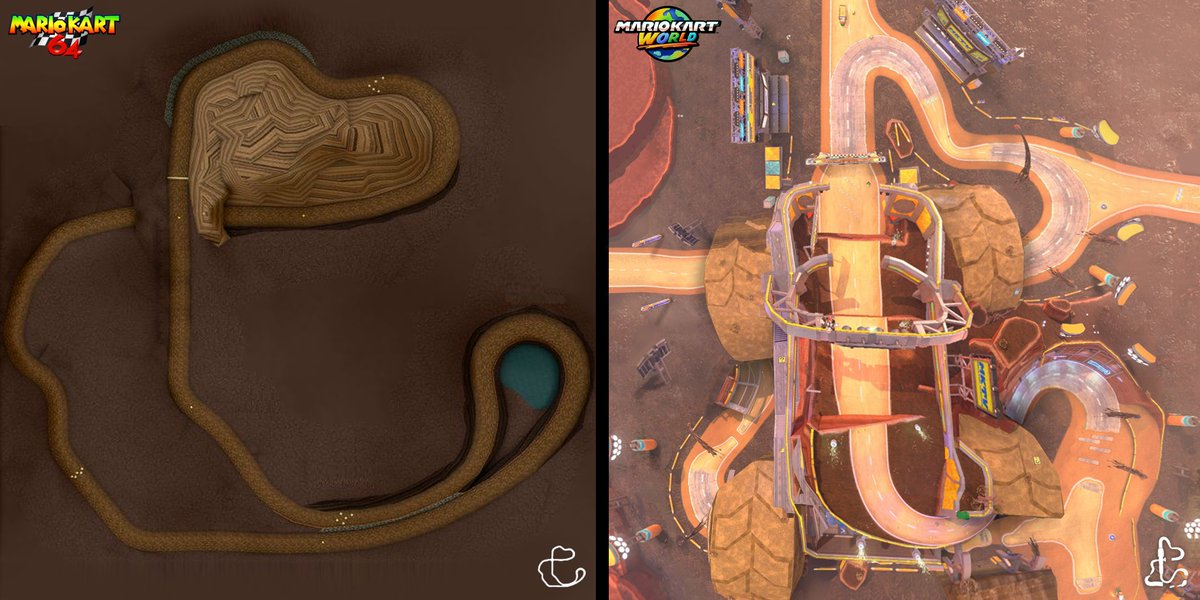 GGalactigal's tweet photo. A direct comparison of both returning N64 tracks in Mario Kart World:

1. N64 Choco Mountain https://t.co/I9pMXeQqfw