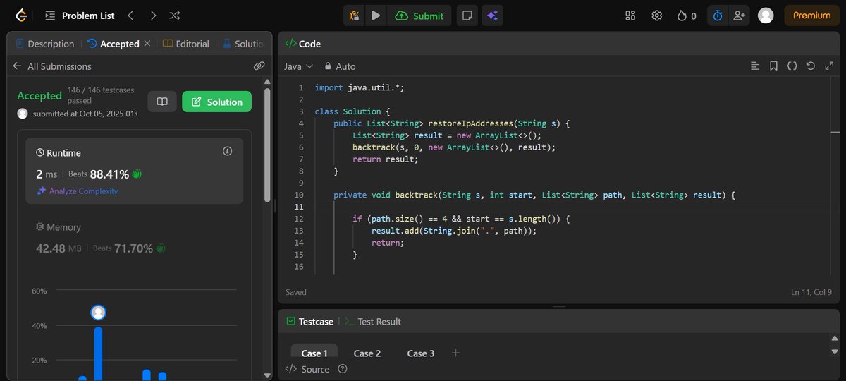 SoumyajitSingh_'s tweet image. Day 11/100 – #LeetCode100DaysChallenge
Problem: Restore IP Addresses
Time: O(1) | Space: O(1) | Runtime: 2 ms (beats 88.41%)
Solved using backtracking to generate all valid IP address combinations from a given string.
#100DaysOfCode #LeetCode #Java #DSA #CodingChallenge #Zigbee