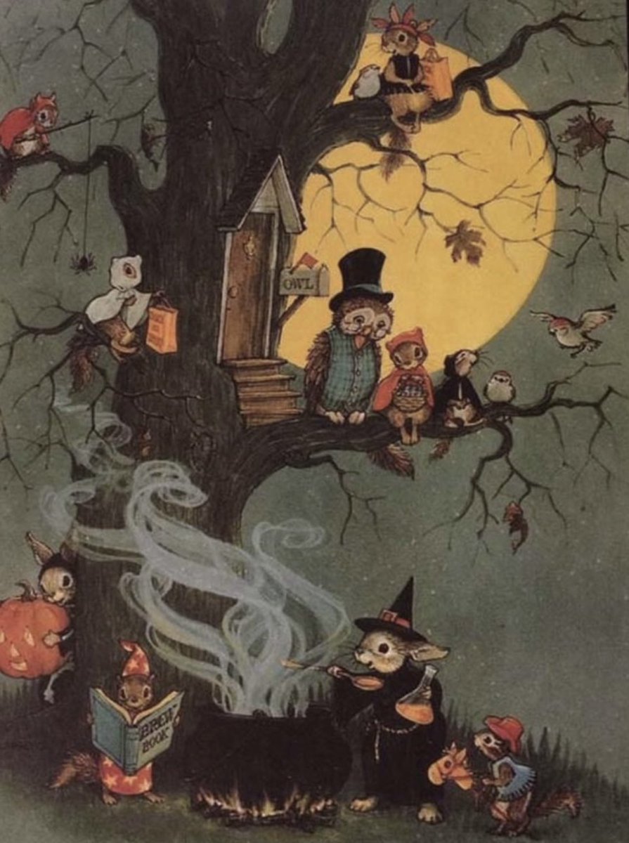 TitaniasRealm's tweet image. Witchy squirrels on a vintage Halloween card
