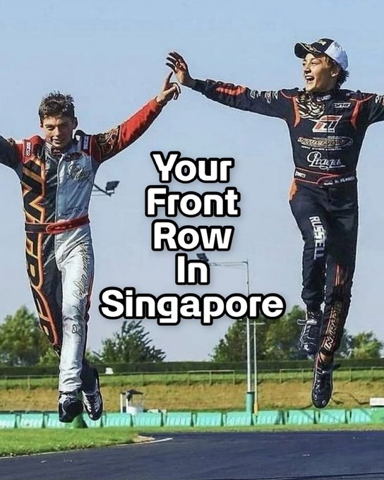 A young Max Verstappen and George Russell smiling and jumping in karting overalls