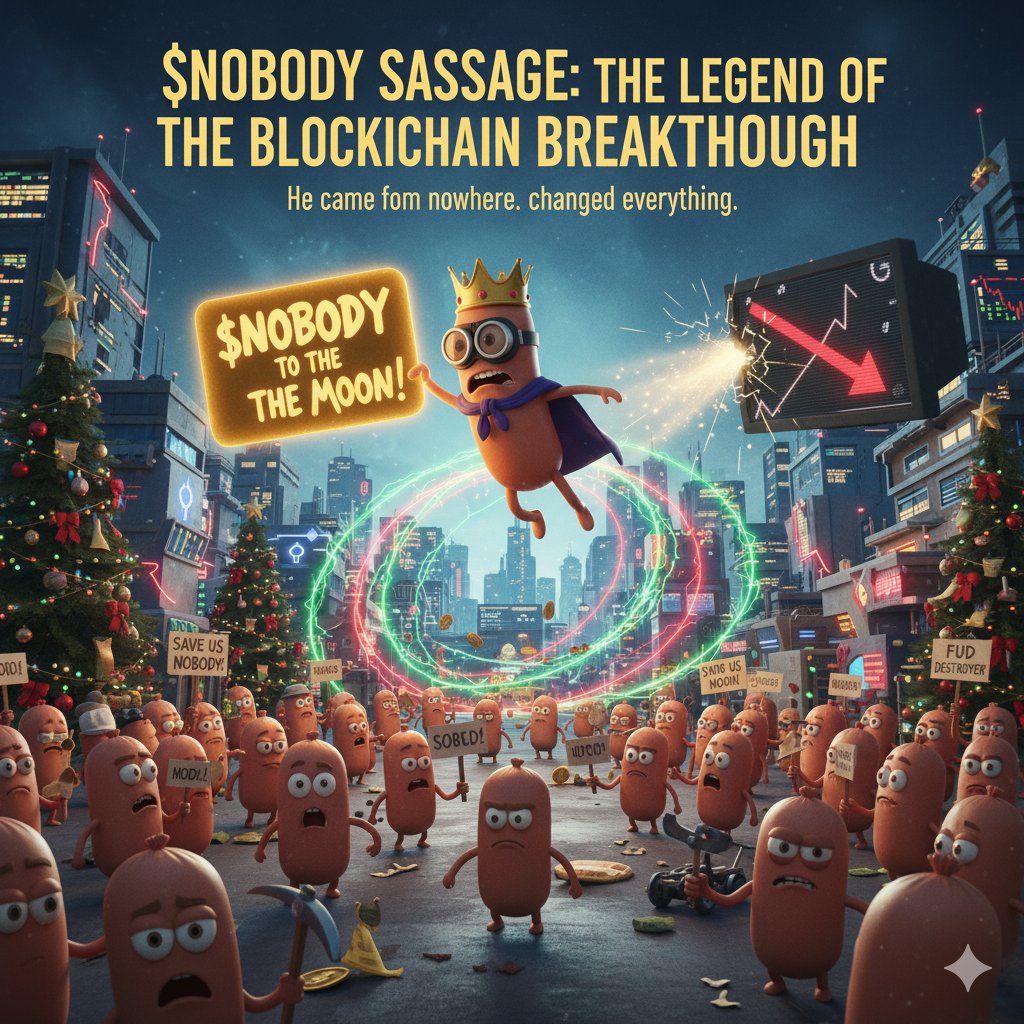 The Legend of the Blockchain Breakthrough: Nobody Sausage as a superhero, surrounded by neon rings, inspiring a crowd of worried sausages in a futuristic city.
#solana
#sol
#crypto
#MemeCoin 
#floki
#shiba 
#PumpFunLaunch