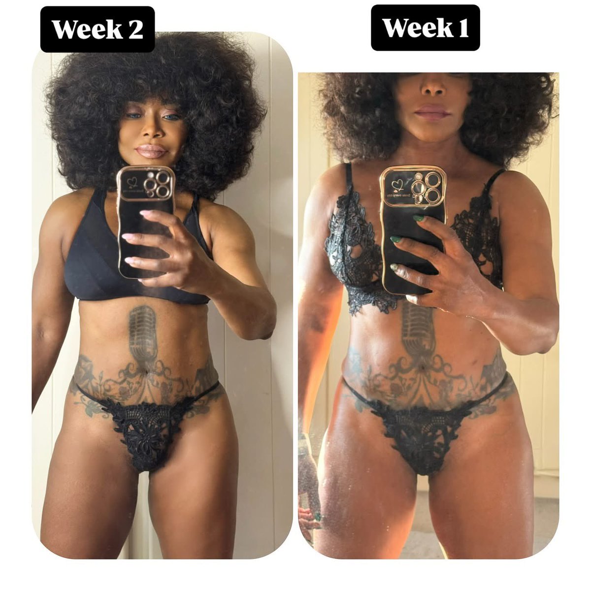 StephanieBLive's tweet photo. I took the first picture this afternoon and thought I didn’t see any difference, until I put them together.

I’m only 2 weeks on this plan with @francisdiet and I think I see a difference. Am I going crazy. I know I feel good. I can run 4 miles without losing breath. 

The only thing is, after a gig, I feel like a cake and a brandy, but I have to stop myself. Self discipline is key. 6 more weeks to go and I think this will now be a lifestyle for me.