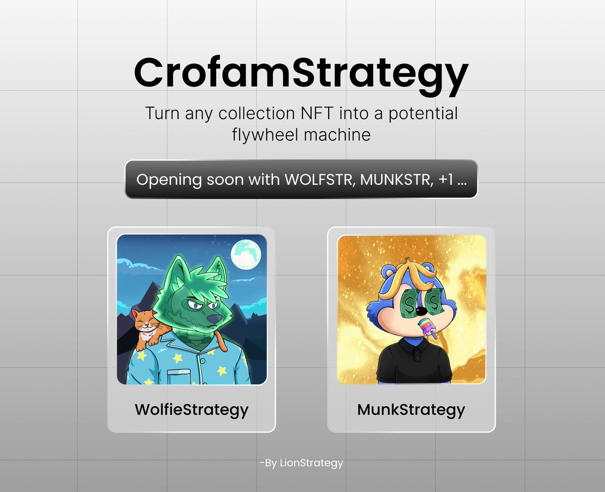 TheLionStrategy's tweet image. 🔥Announcing &quot;CrofamStrategy&quot; powered by LionStrategy soon

The leading Cronos platform allowing NFT projects to launch their own Flywheel mechanism.
While most projects are trying to build a flywheel,
we’re building the FLYWHEEL of the FLYWHEEL. ♻️

Read below🧵👇
