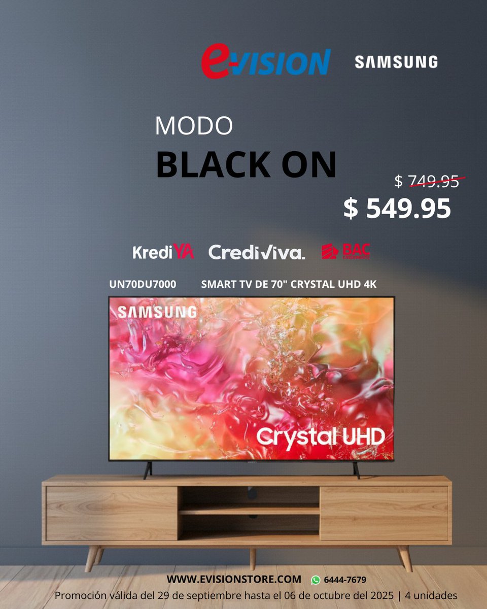 evisionstore's tweet photo. Estamos en Modo Black On para que disfrutes tu entretenimiento a full color con un Smart TV Samsung.
¿Lo quieres? ¡Llévatelo con cualquiera de nuestros métodos de pago!
CrediViva: aprobación fácil y rápida
 KrediYa: solo con tu cédula
 Visa BAC Credomatic: hasta 24 cuotas 0% https://t.co/c7aYIS3YTM