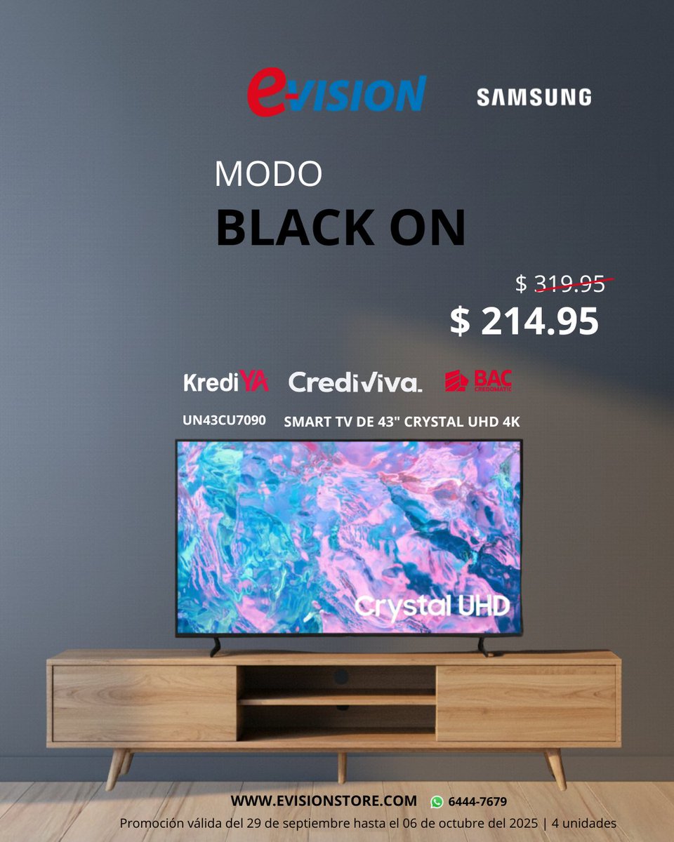 evisionstore's tweet photo. Estamos en Modo Black On para que disfrutes tu entretenimiento a full color con un Smart TV Samsung.
¿Lo quieres? ¡Llévatelo con cualquiera de nuestros métodos de pago!
CrediViva: aprobación fácil y rápida
 KrediYa: solo con tu cédula
 Visa BAC Credomatic: hasta 24 cuotas 0% https://t.co/c7aYIS3YTM